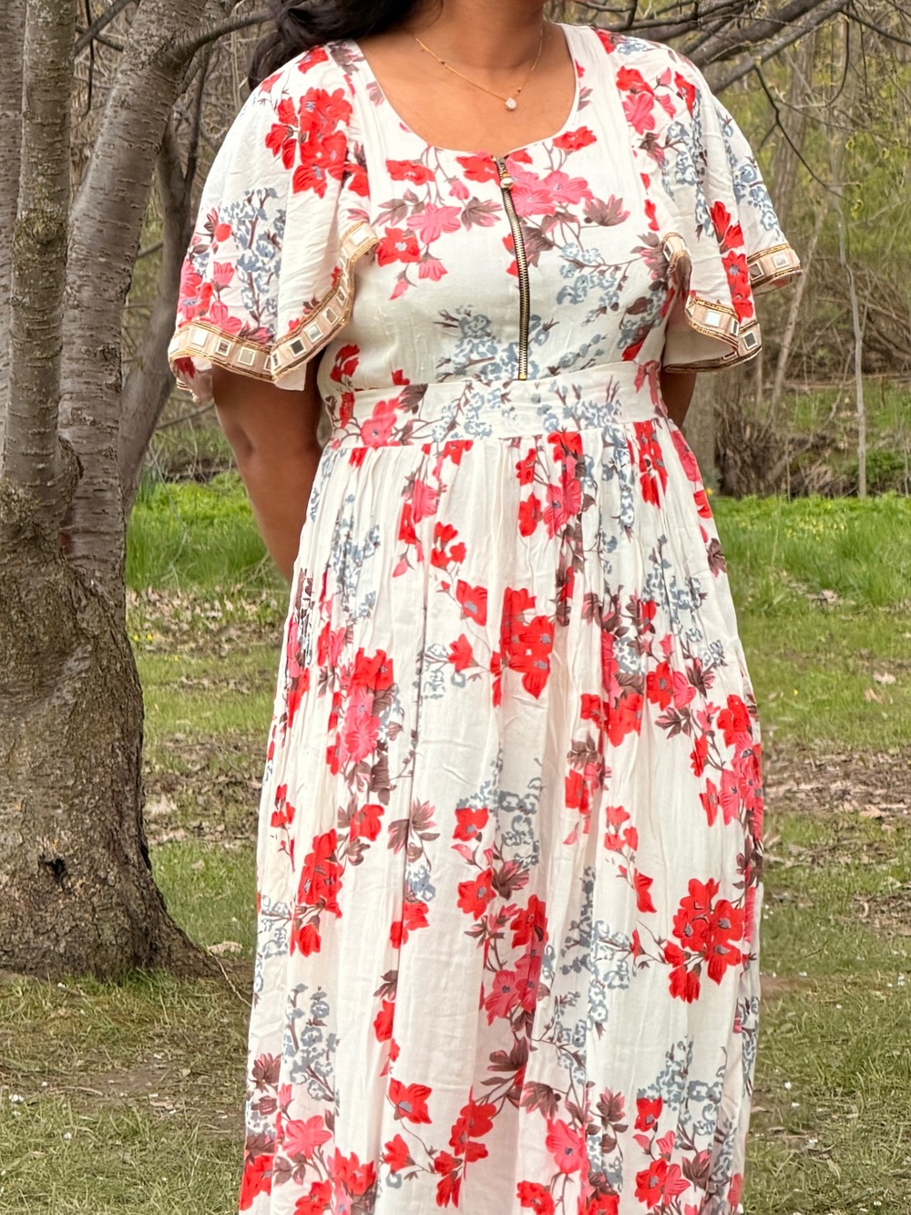 Cream Maxi Dress with Red Floral Print and Zip Front
